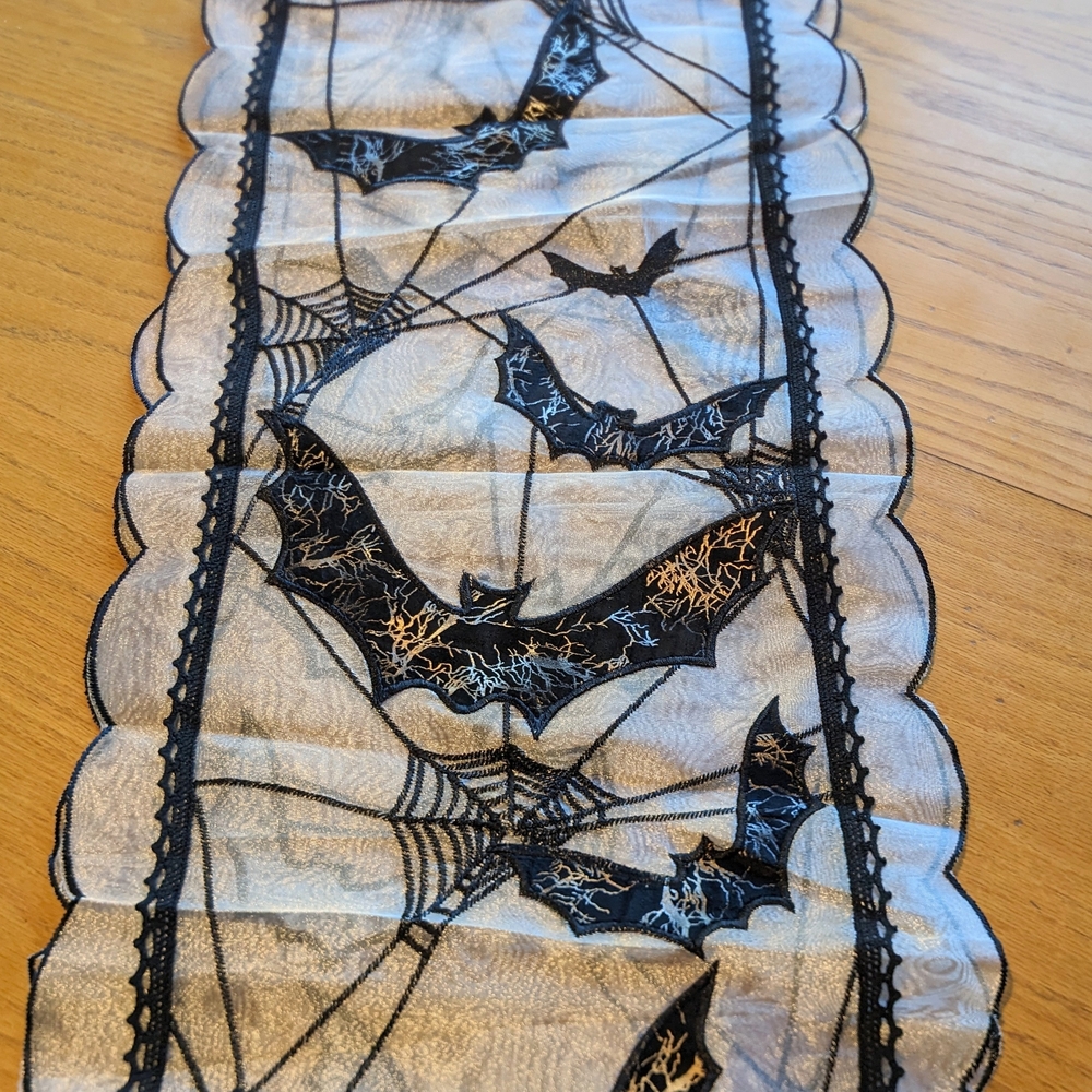 Secret Celebrity Halloween Lace Table Runner 14”x 72” Spiderweb Embroidered Bats